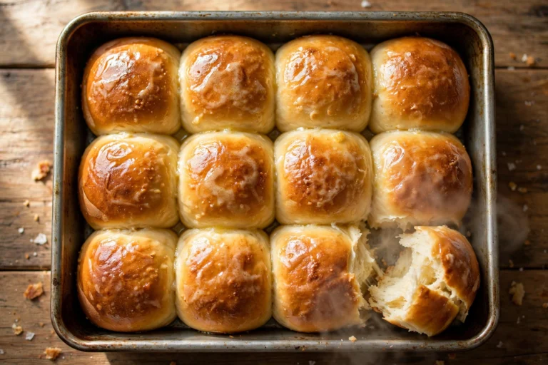 Pan of golden 25-minute thanksgiving dinner rolls brushed with butter, one torn open showing fluffy interior