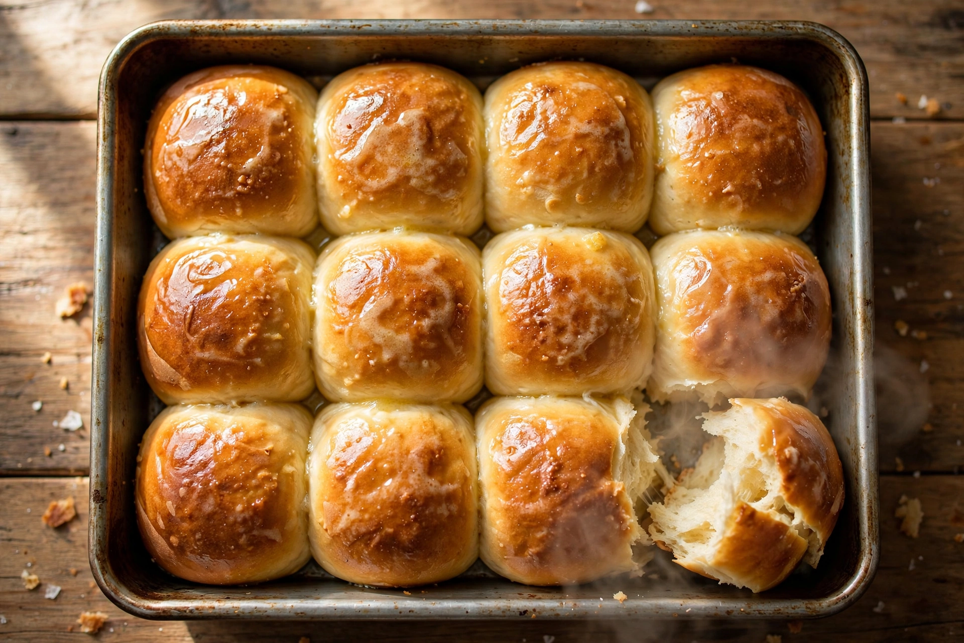 Pan of golden 25-minute thanksgiving dinner rolls brushed with butter, one torn open showing fluffy interior