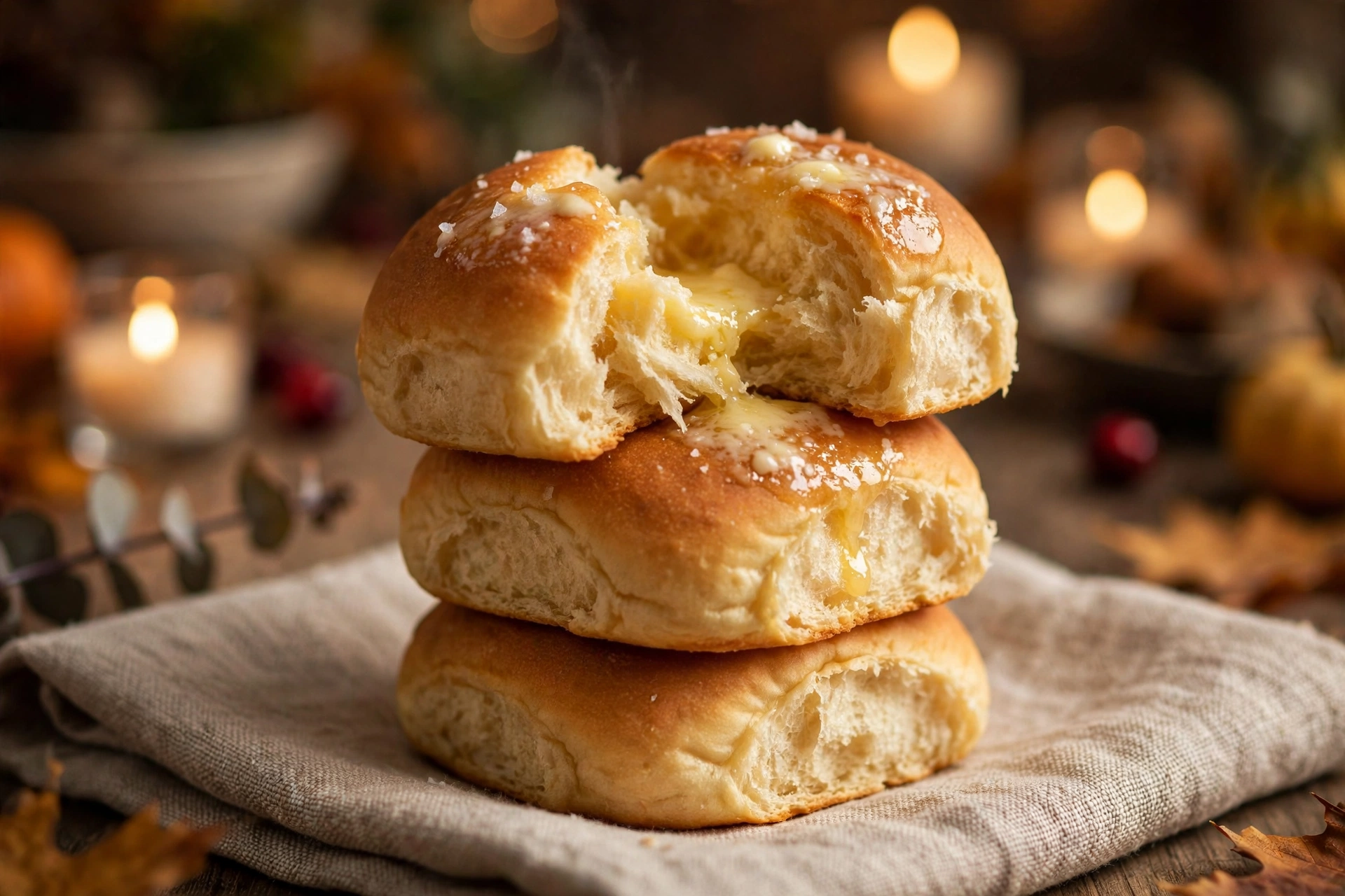 Stack of soft golden thanksgiving dinner rolls on a linen napkin with a Thanksgiving table in the background