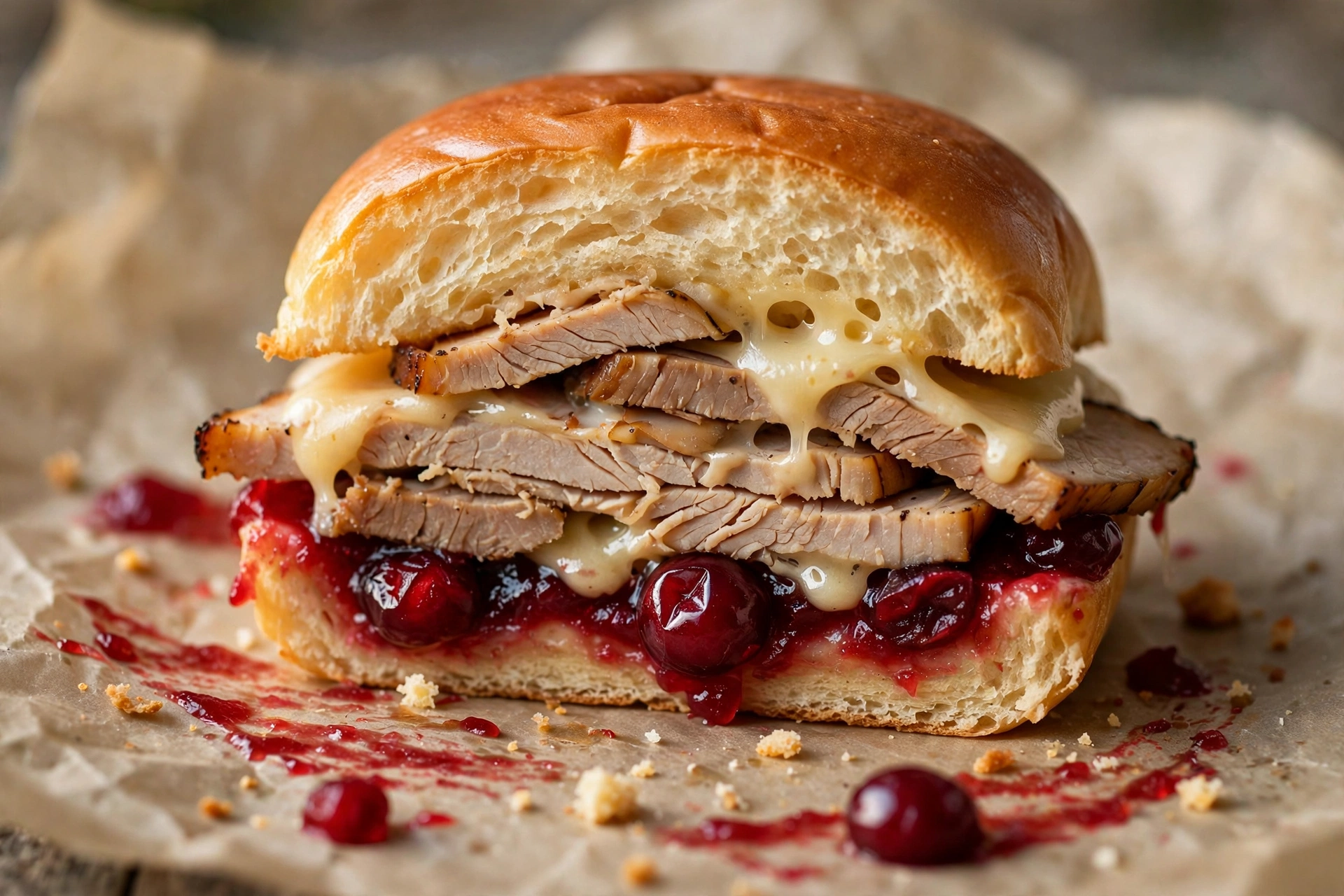 Close-up cross-section of a turkey cranberry slider with layers of sliced turkey, melted Swiss cheese and glossy cranberry sauce