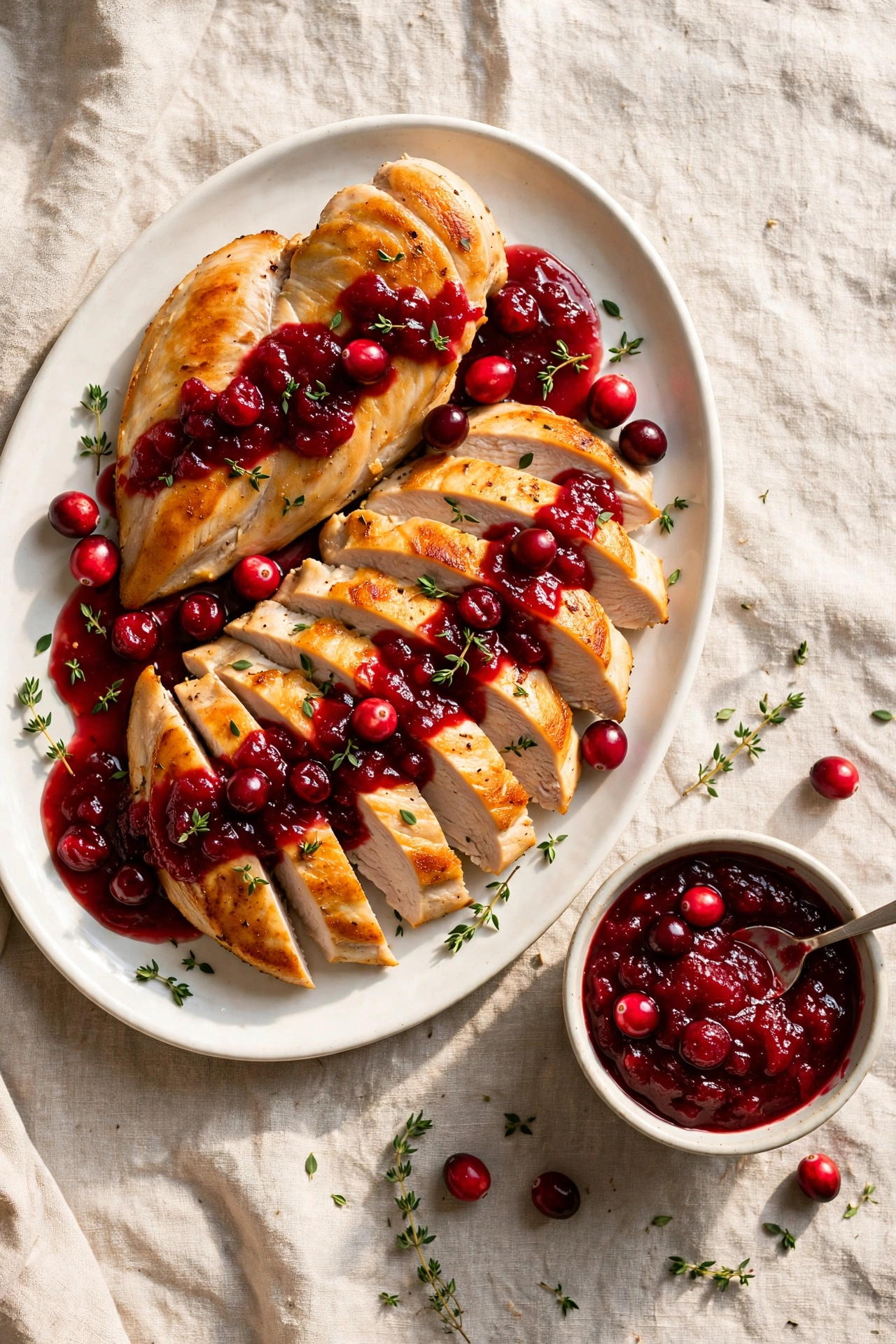 Sliced golden turkey cutlets on a platter with glossy cranberry pan sauce and a bowl of extra sauce