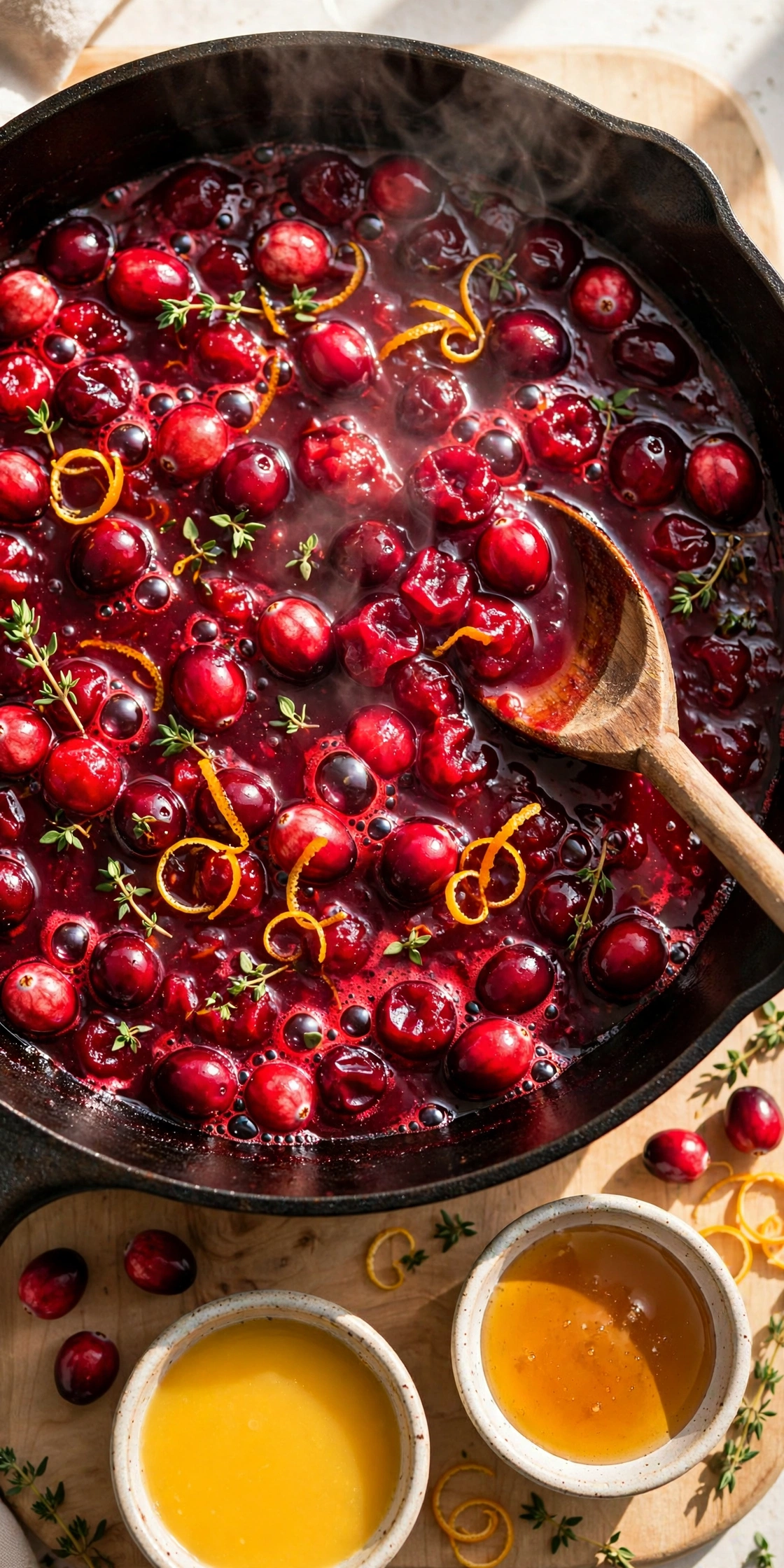 Fresh cranberries simmering and popping in a glossy pan sauce in a cast iron skillet with a wooden spoon