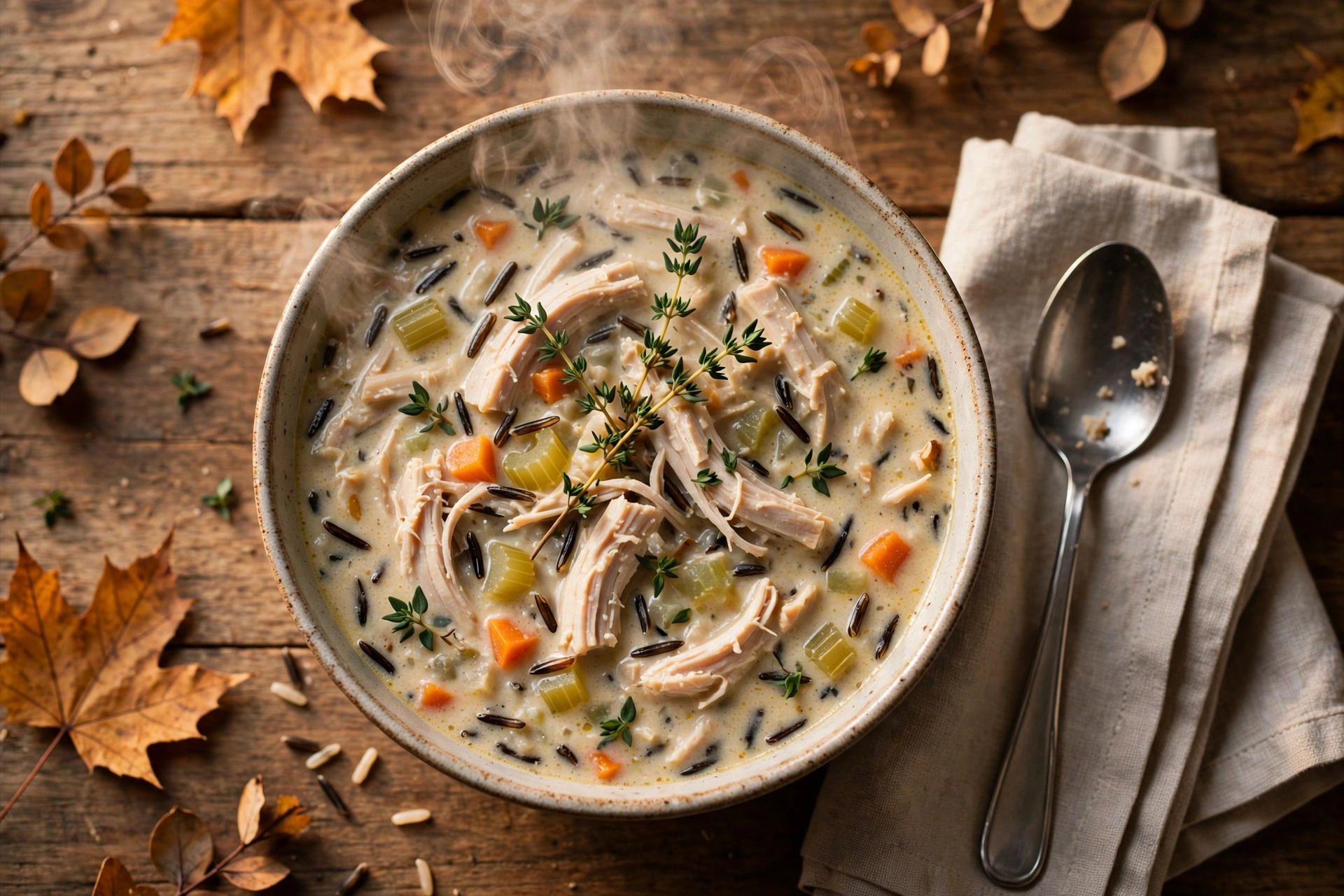 Steaming bowl of creamy turkey and wild rice soup with shredded turkey, wild rice, carrots and celery in a rich creamy broth topped with fresh thyme