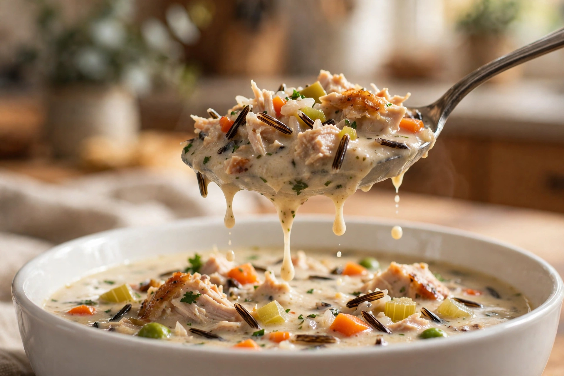 Spoon lifting creamy turkey wild rice soup from a white bowl showing chunks of roast turkey, wild rice and diced vegetables