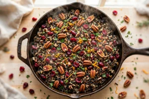 Skillet of cranberry pecan wild rice pilaf with toasted pecans, dried cranberries and orange zest