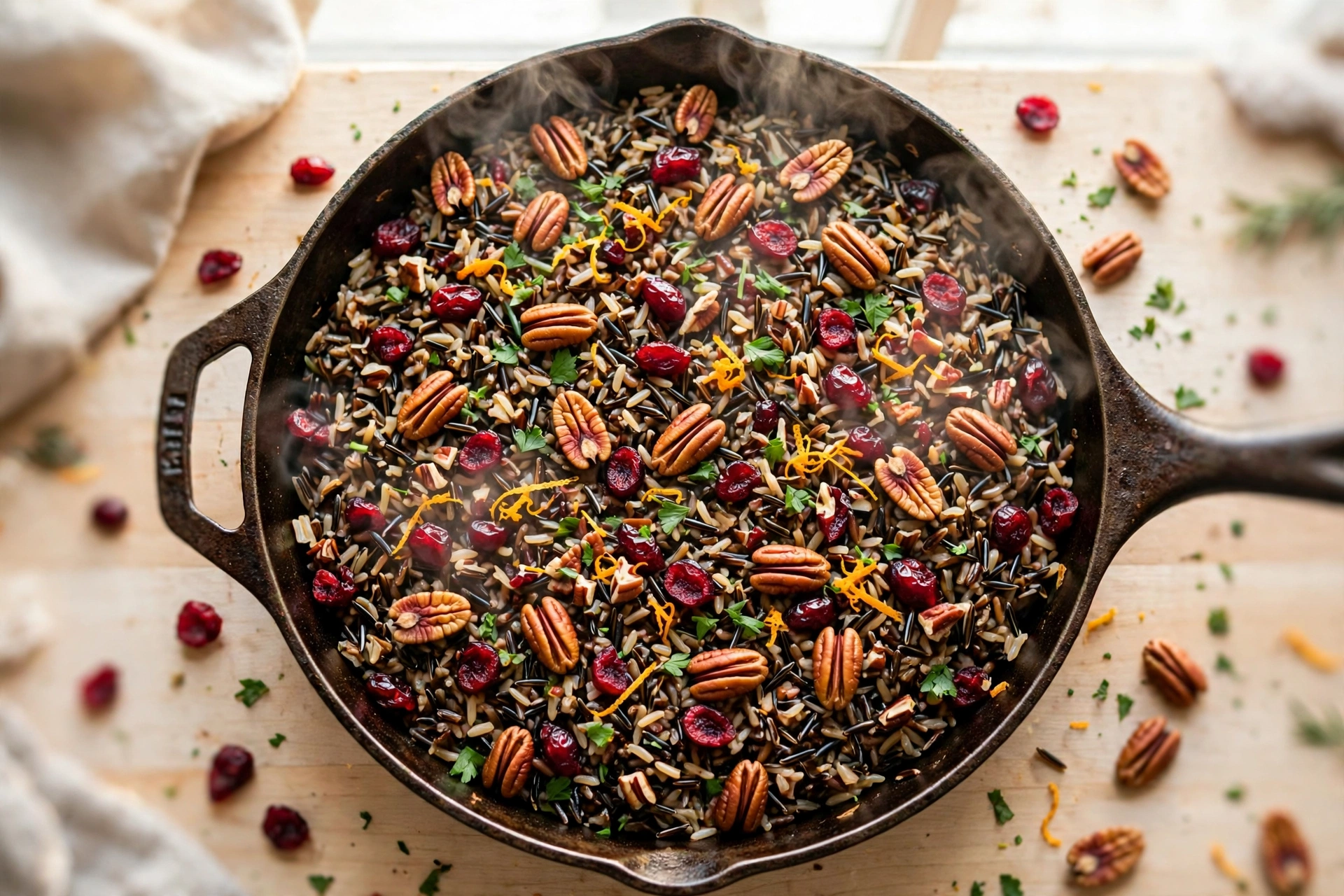 Skillet of cranberry pecan wild rice pilaf with toasted pecans, dried cranberries and orange zest