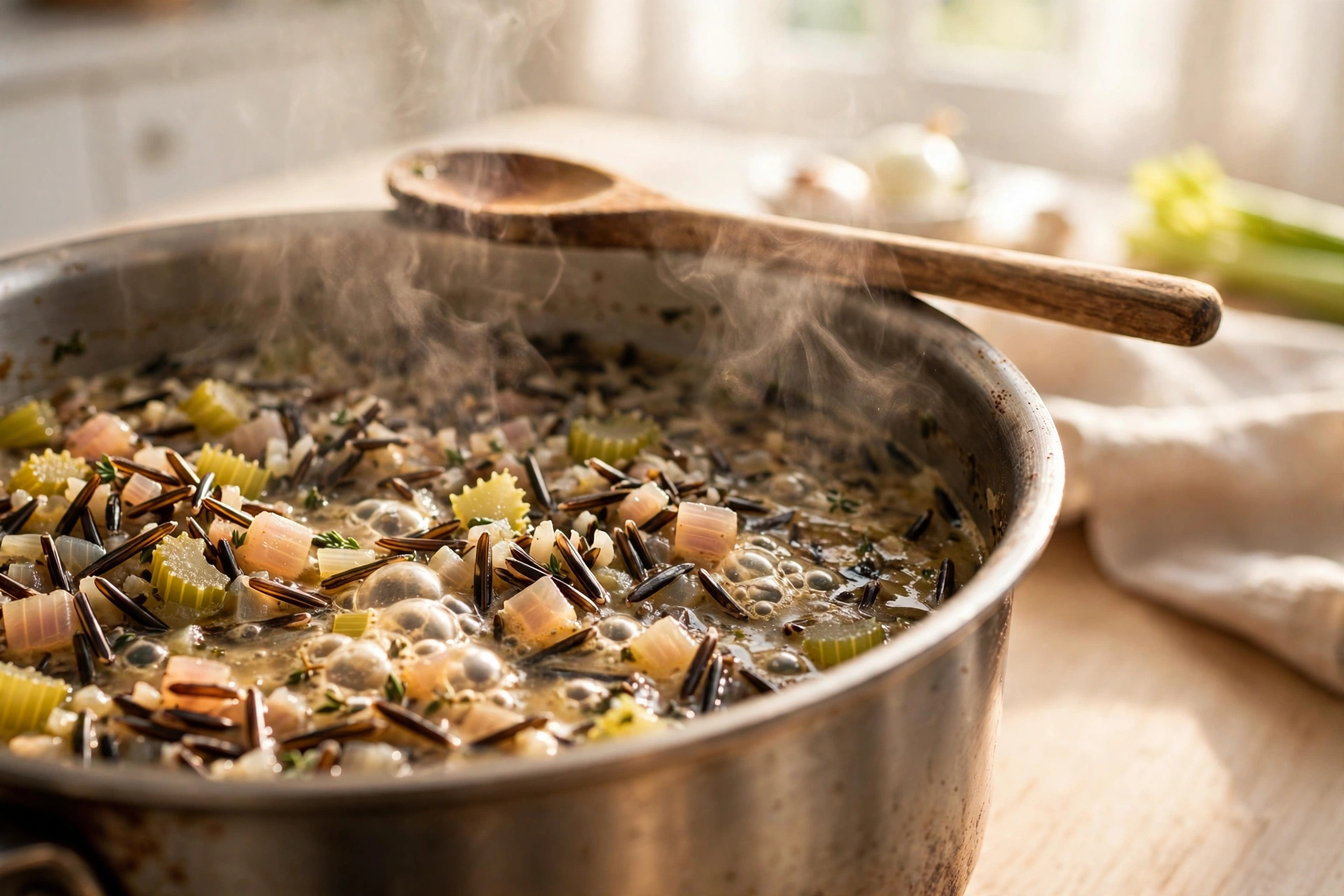 Wild rice blend simmering in broth with celery and onion in a saucepan
